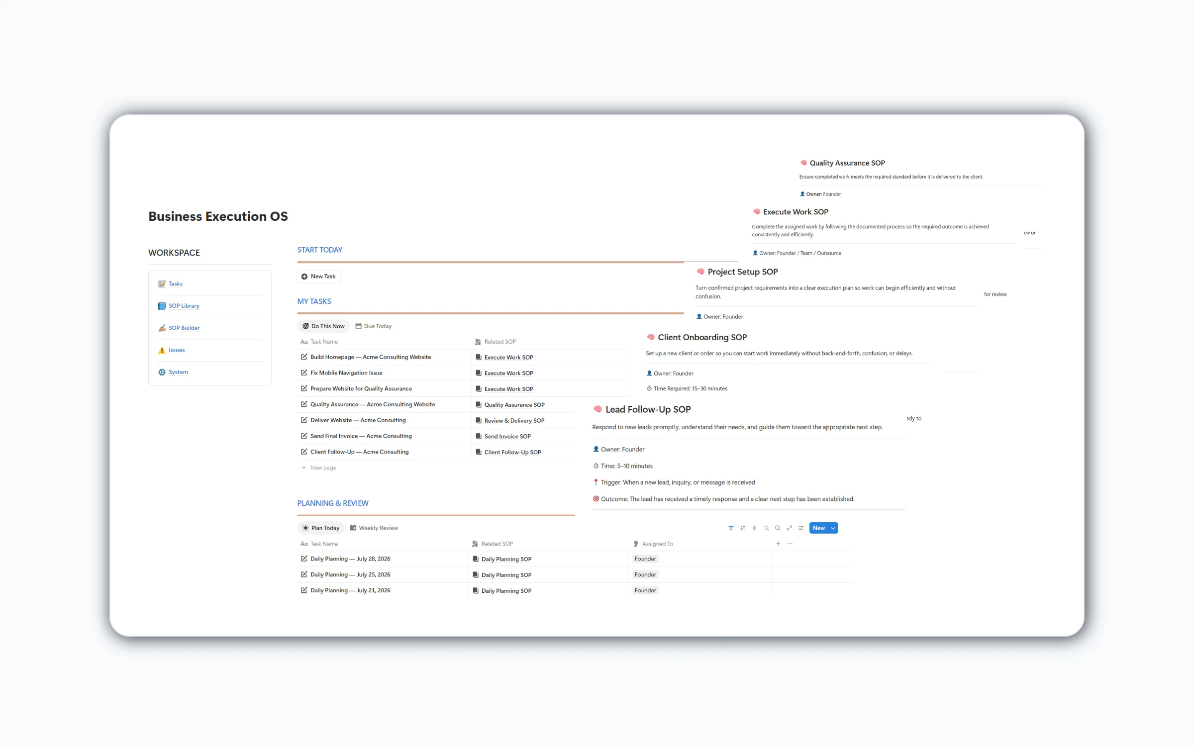 Business Execution OS Business Execution OS dashboard with a stack of ready-to-use SOPs included with the workspace.