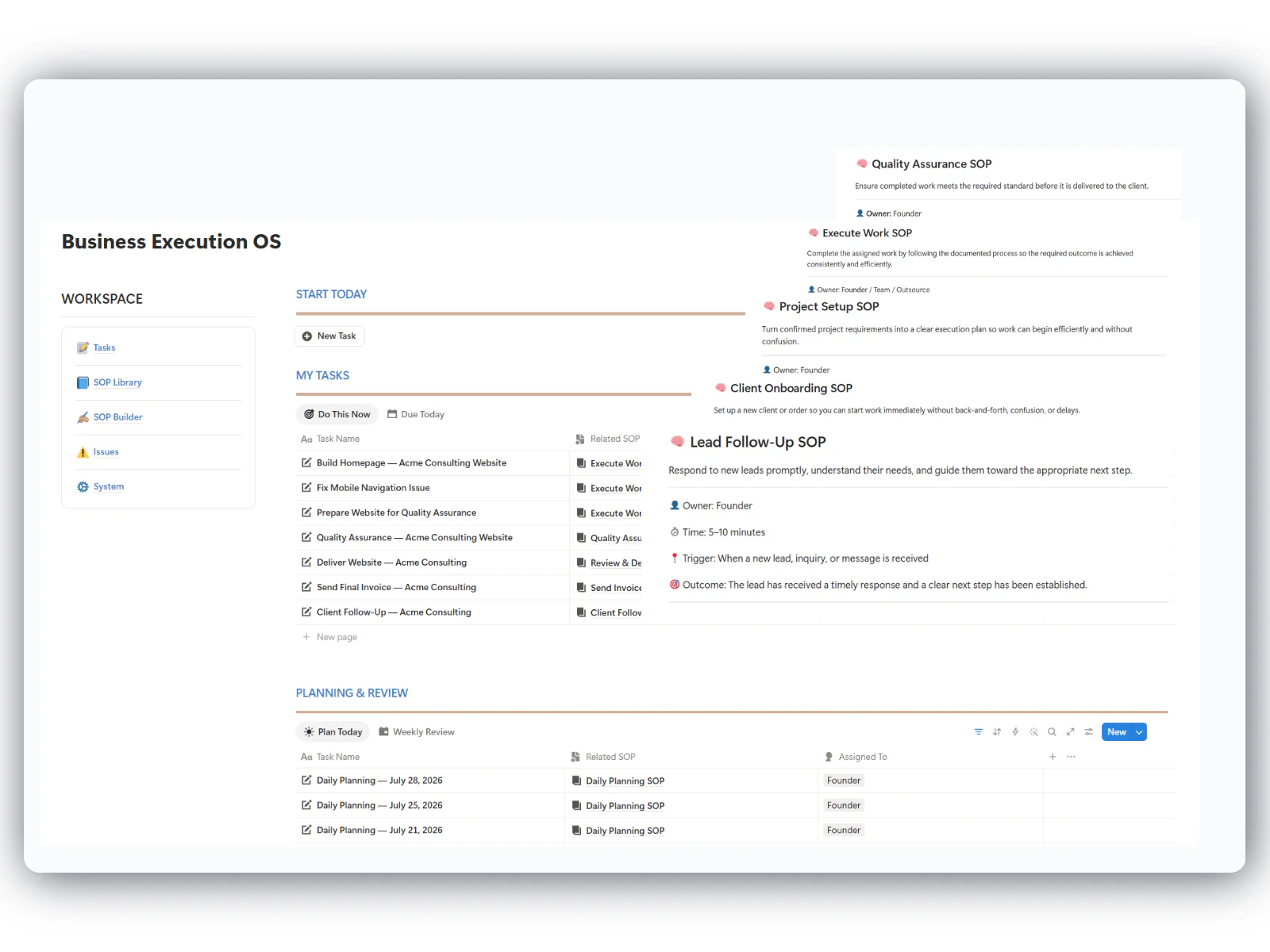 Business Execution OS Business Execution OS dashboard with ready-to-use SOPs