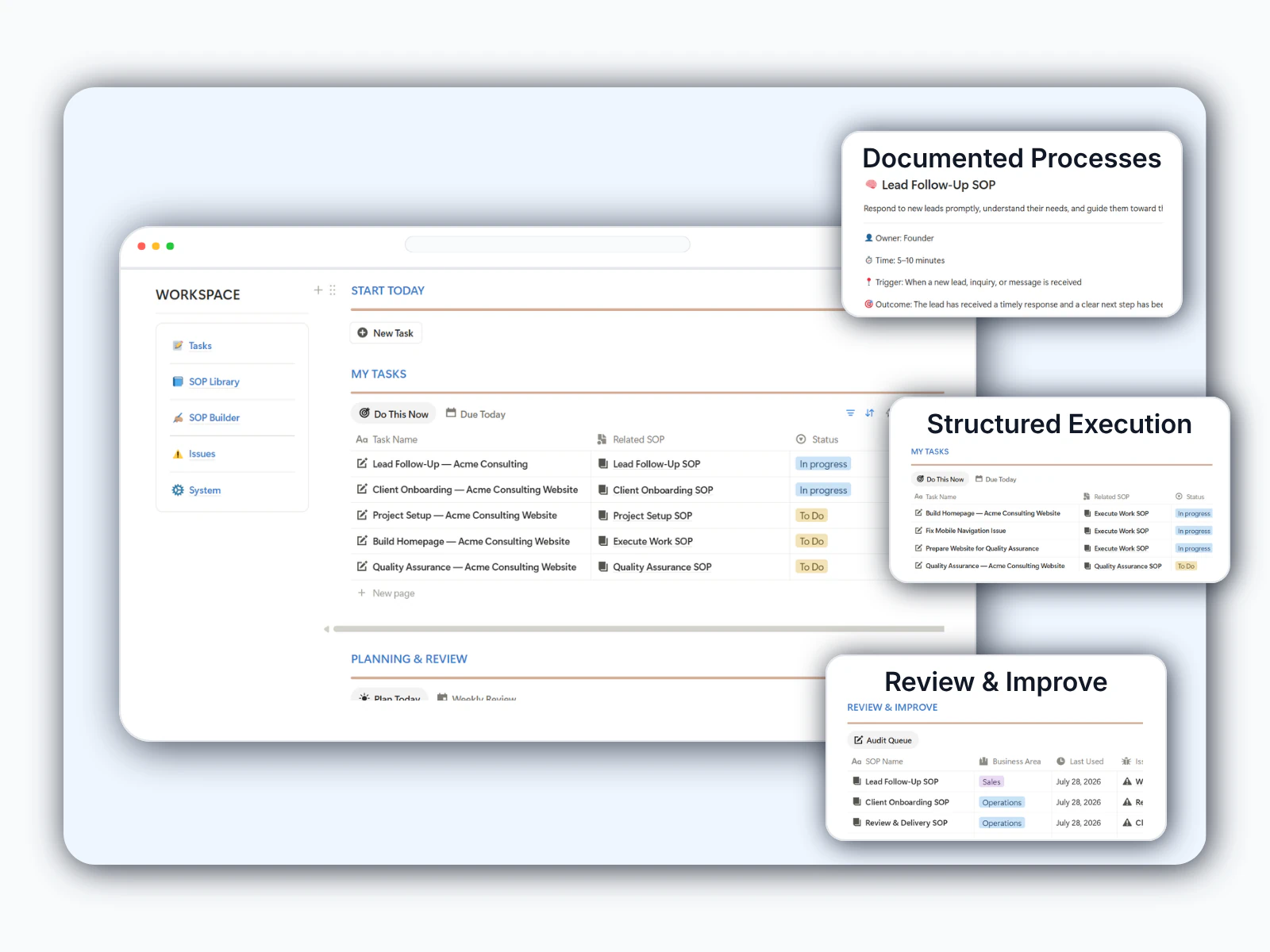 Homepage Foundovo business operating system preview showing documented processes, structured execution, and process review.