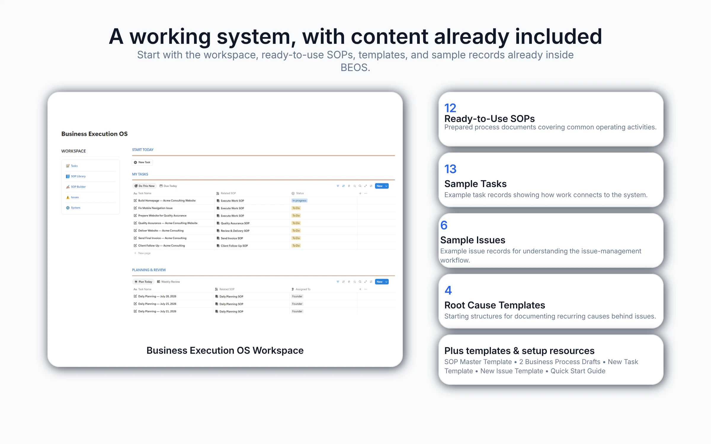 Business Execution OS Business Execution OS workspace with 12 ready-to-use SOPs, sample tasks, sample issues, root cause templates, and setup resources.